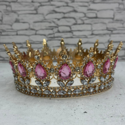 Изображение Корона для торта D 12 см золотая с розовыми вставками